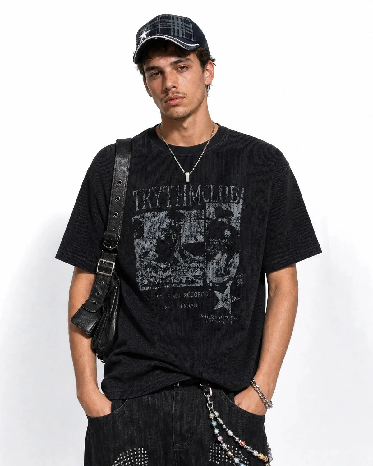 Grey distressed graphic waffle T-shirt by Flation Streetwear featuring bold streetwear-inspired design and comfortable fit.