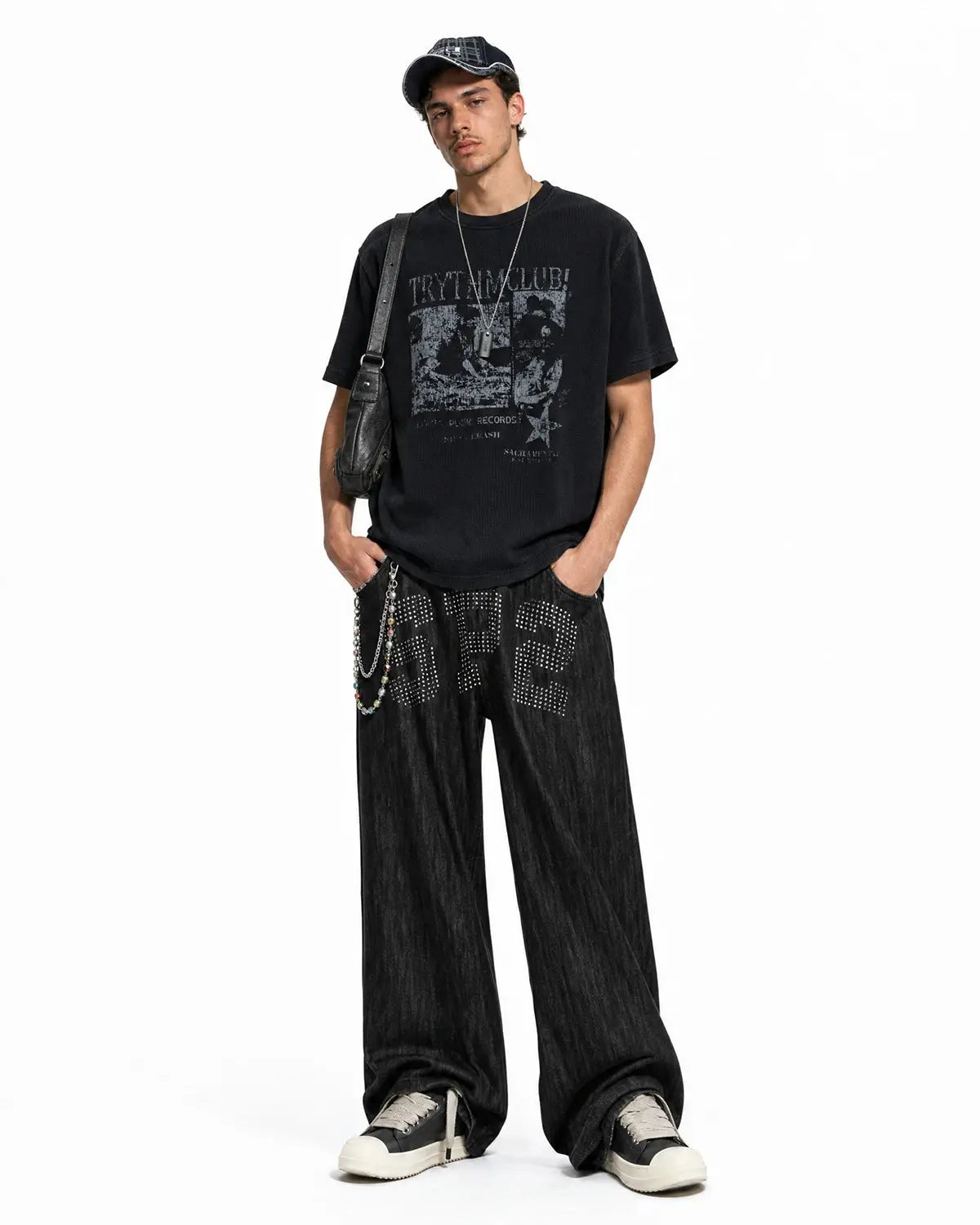 Gray Flation Streetwear distressed graphic waffle T-shirt with bold printed design and casual fit.
