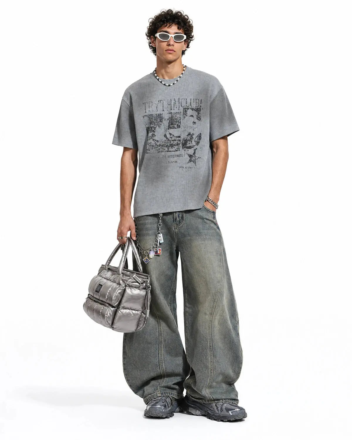 Gray Flation streetwear T-shirt featuring a distressed graphic waffle design, casual short-sleeve crew neck tee.