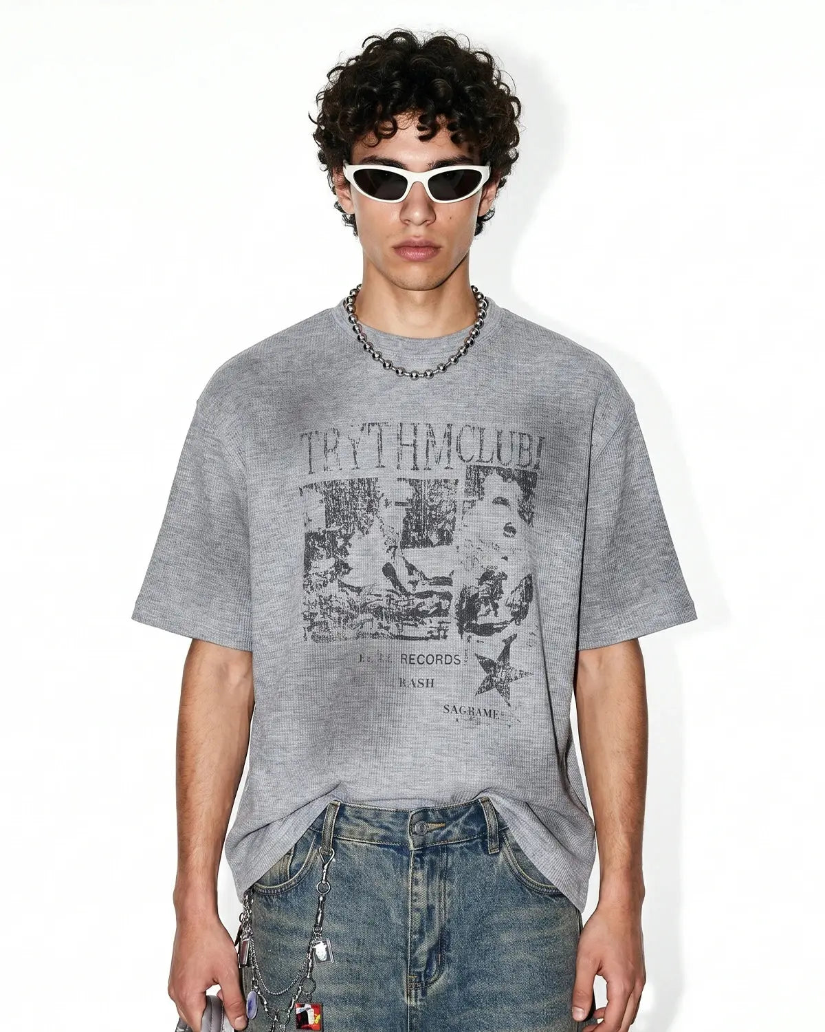 Grey Flation Streetwear distressed graphic waffle T-shirt featuring a casual fit and bold design.