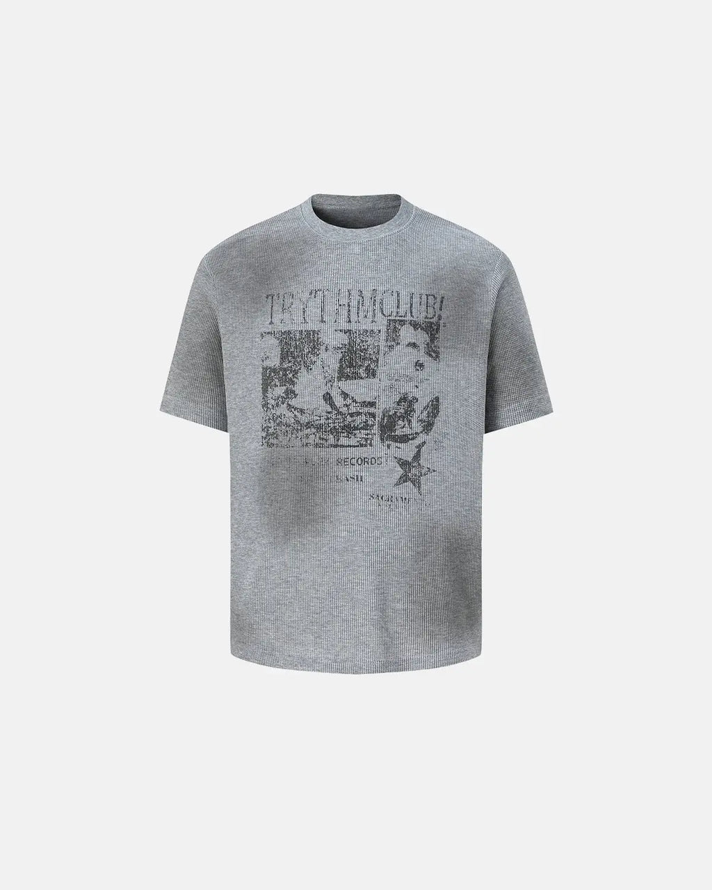 Grey distressed graphic waffle T-shirt by Flation Streetwear featuring bold print and casual fit.