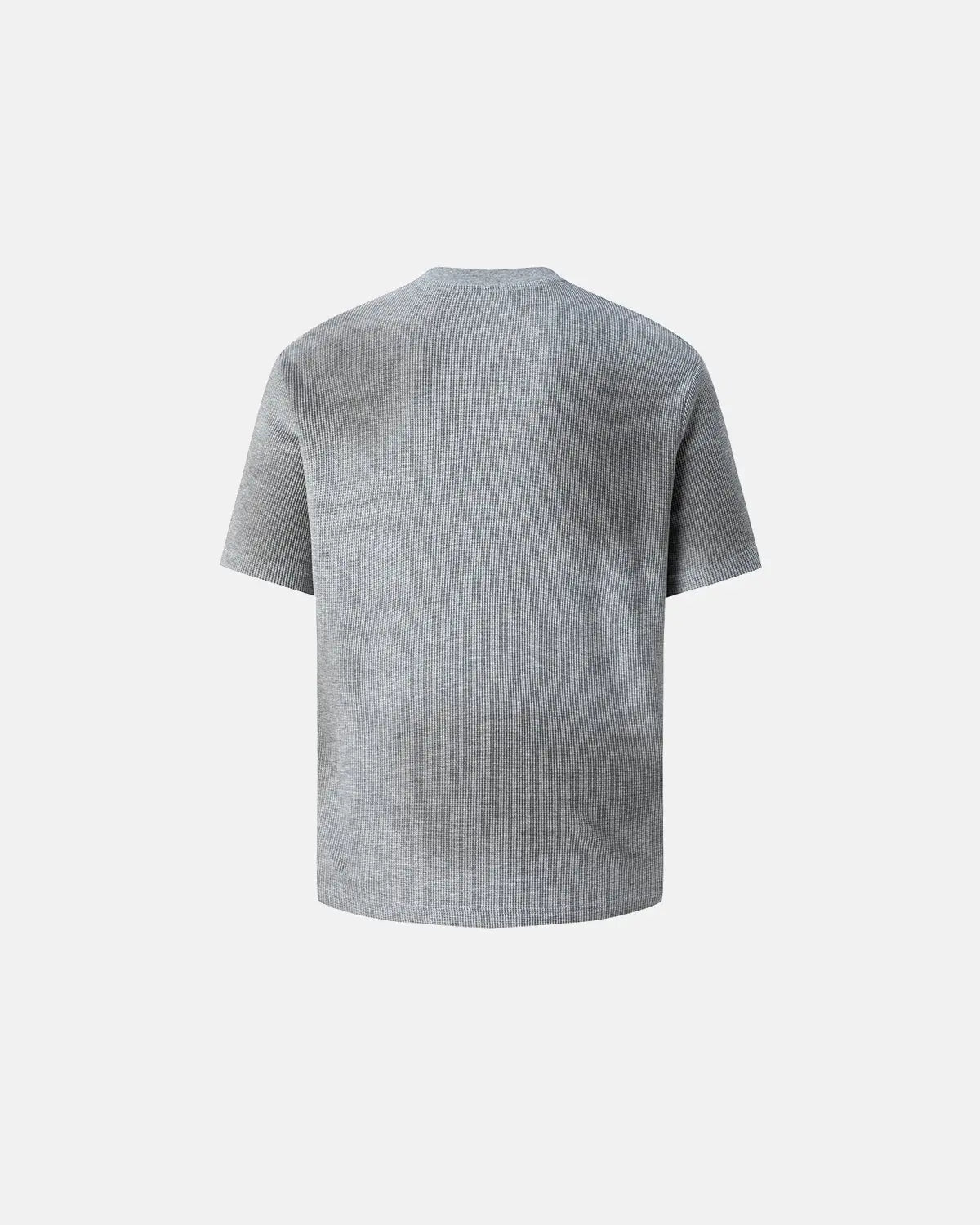 Gray Flation streetwear T-shirt with a distressed graphic design, featuring a waffle weave texture and casual fit.