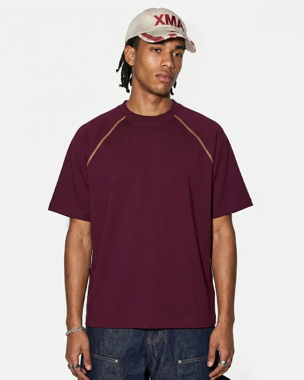 Purple Flation Streetwear stretch T-shirt with contrast color stitching, casual fit, made from comfortable, stretchy fabric.