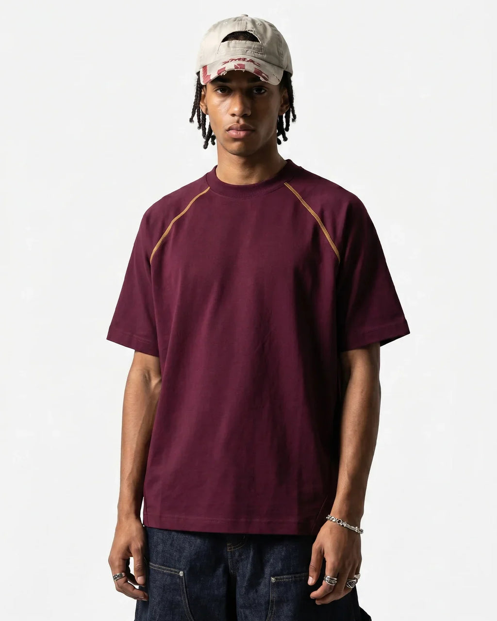 Purple Flation streetwear T-shirt with contrast color stitching, made from stretch fabric, featuring a casual and stylish design.