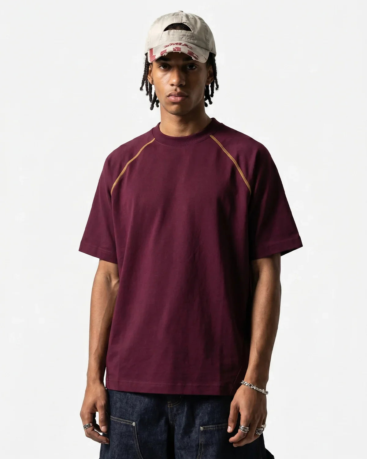 Purple Flation streetwear T-shirt with contrast color stitching, made from stretch fabric, featuring a casual and stylish design.