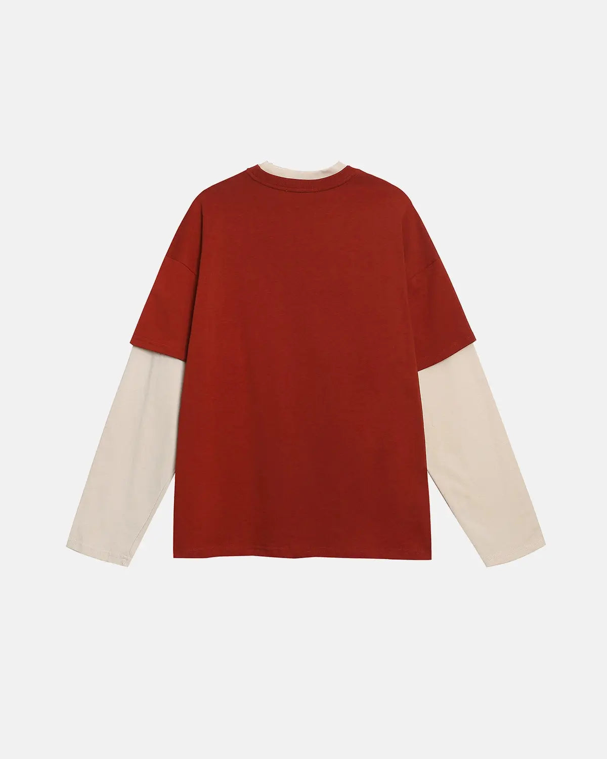 Red vintage layered graphic long sleeve T-shirt by Flation, featuring bold streetwear-inspired design and comfortable fit.