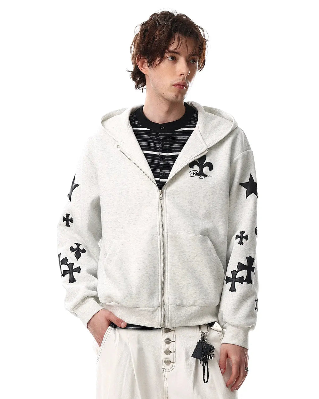 White and grey Flation Streetwear Cross PU Patch embroidery zip-up hoodie with front pockets and adjustable drawstrings.
