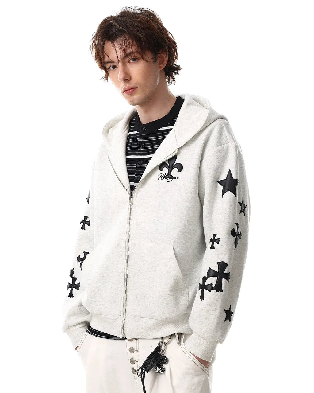 White and grey Flation Cross PU Patch embroidery zip-up hoodie with streetwear style and casual fit.
