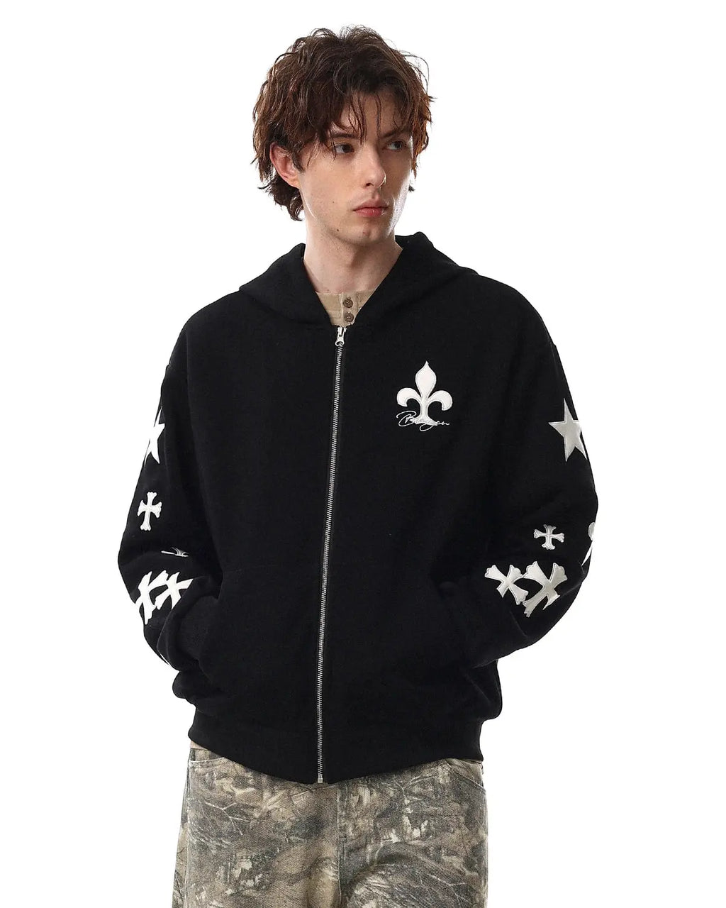 White and grey Flation Cross PU Patch embroidery zip-up hoodie with streetwear style and front pocket.