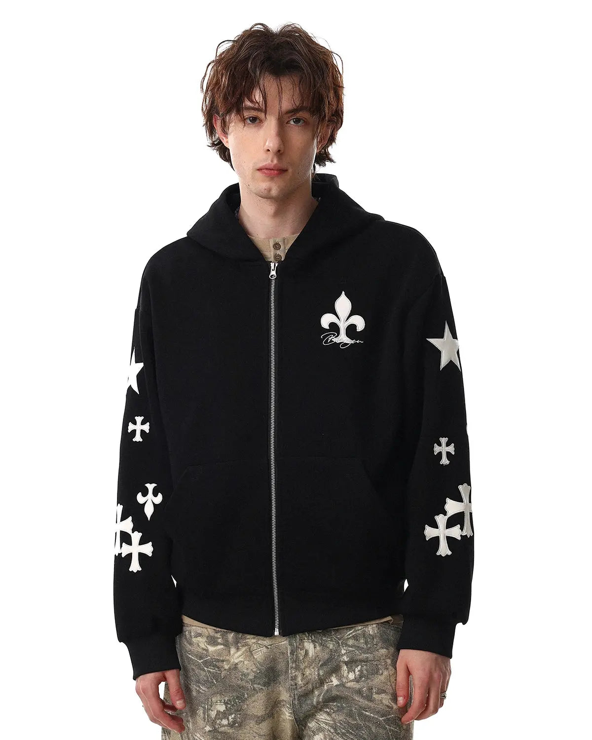 White and grey Flation Cross PU Patch embroidery zip-up hoodie with streetwear style and front zipper closure.