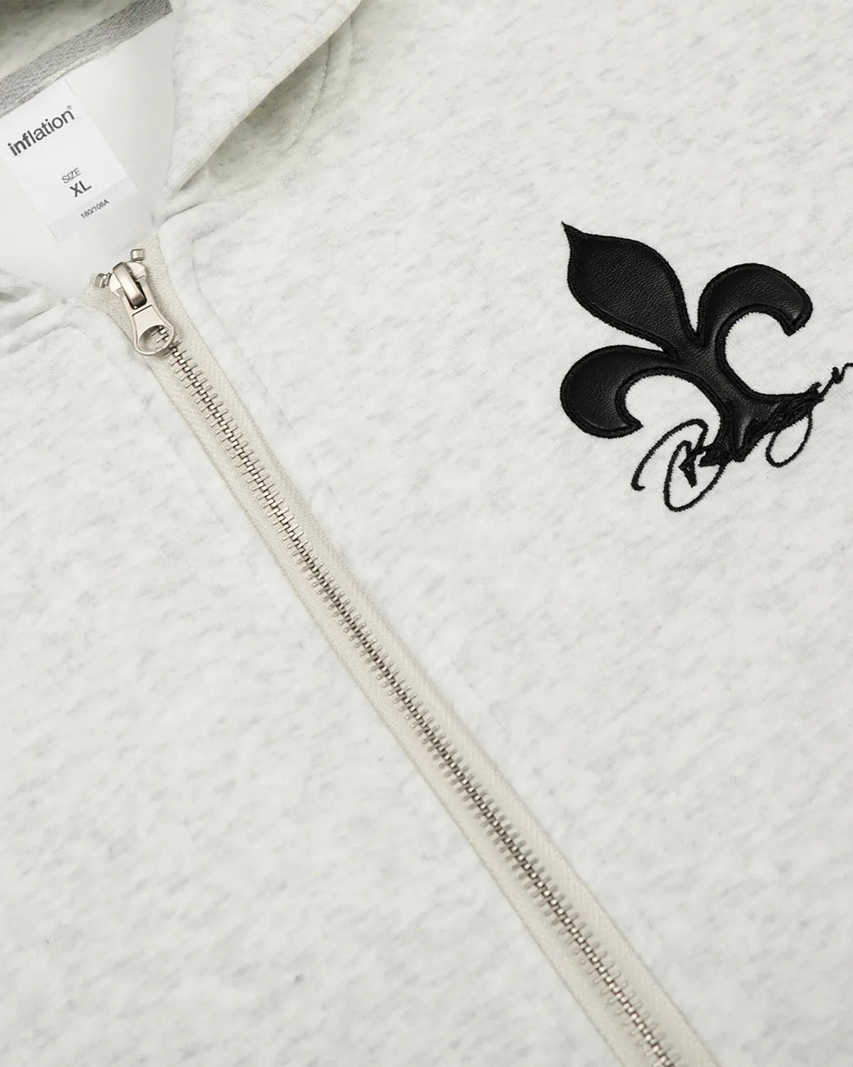 White and grey Flation streetwear hoodie with cross PU patch embroidery and zip-up front, casual and stylish urban hoodie.