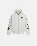 White and grey Flation Cross PU Patch embroidery zip-up hoodie with front pockets and adjustable drawstrings, streetwear style.