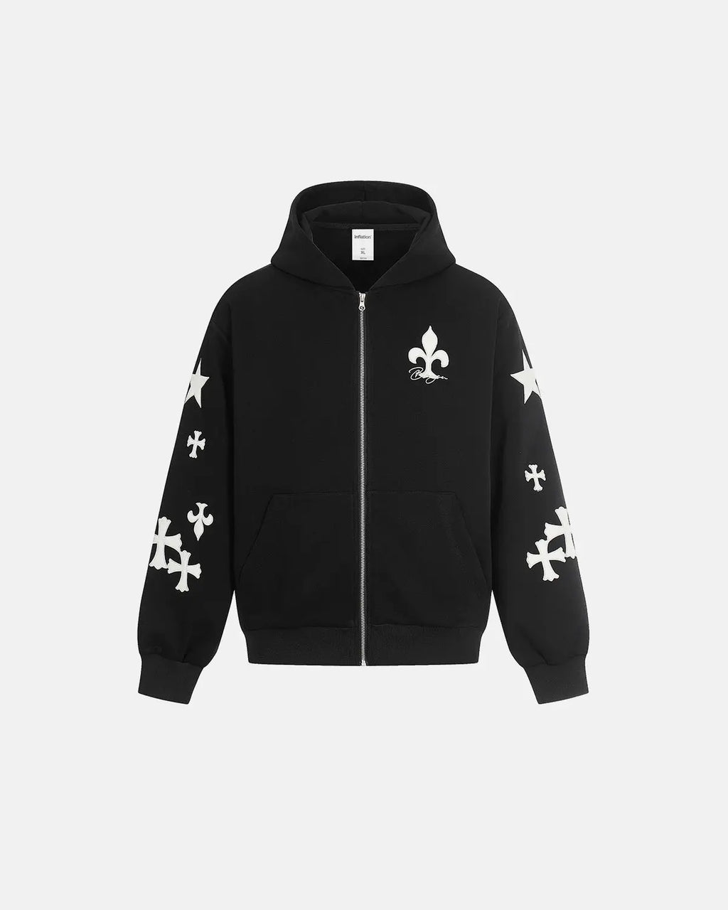 White and grey Flation Cross PU Patch embroidery zip-up hoodie with stylish streetwear design and adjustable drawstrings.