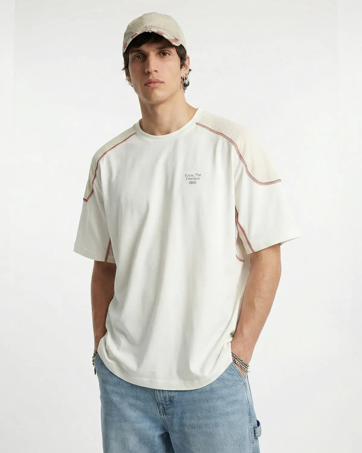 White AirFlow Contrast Panel Breathable Tee by Flation Streetwear, featuring lightweight fabric and stylish design details.