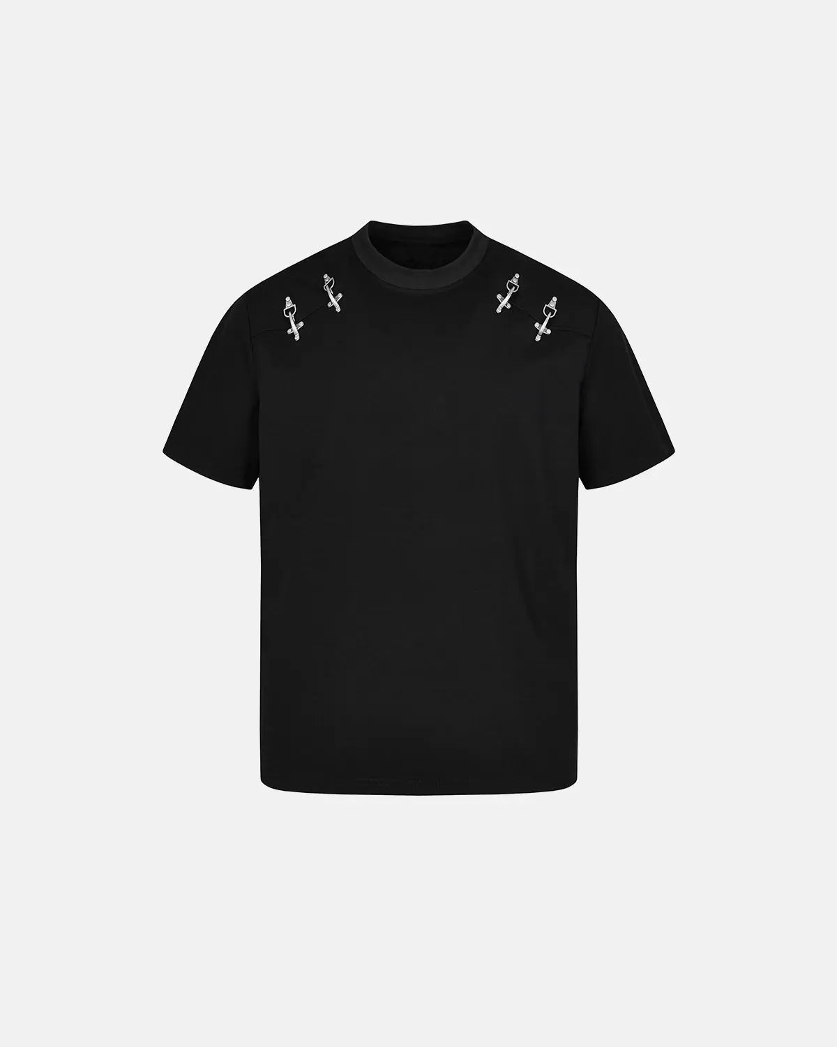 White cotton T-shirt with metal buckle detail from Flation Streetwear, featuring a casual fit and stylish design.