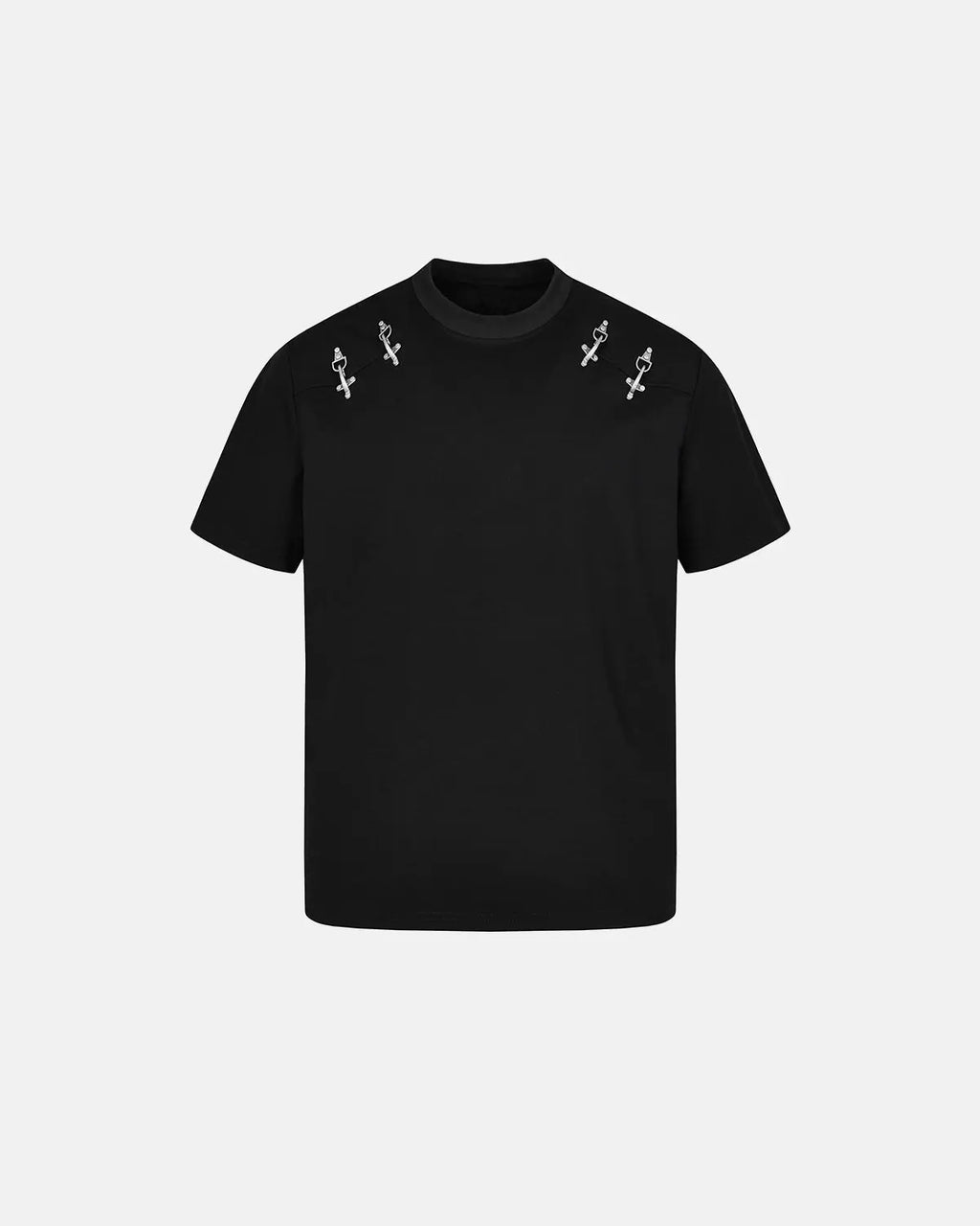 White cotton T-shirt with metal buckle detail from Flation Streetwear, featuring a casual fit and minimalist design.