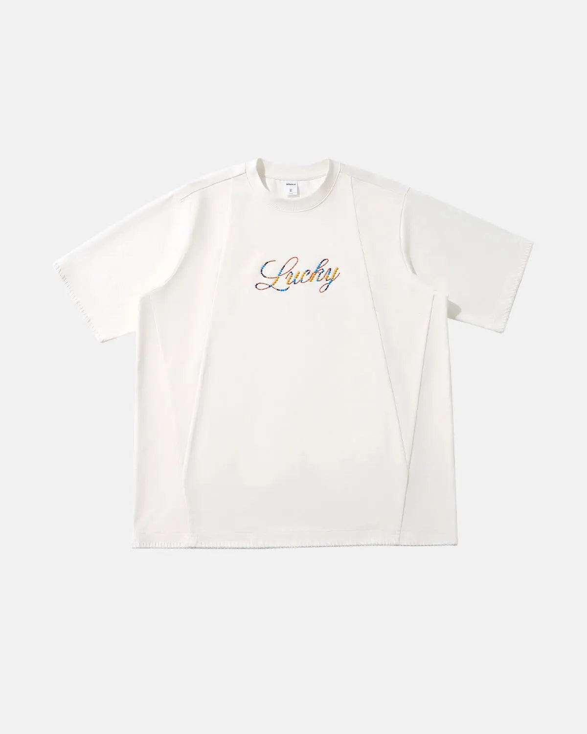 Flation Rhinestone Lucky graphic oversized T-shirt with bold lettering and sparkling rhinestones on a casual streetwear tee.