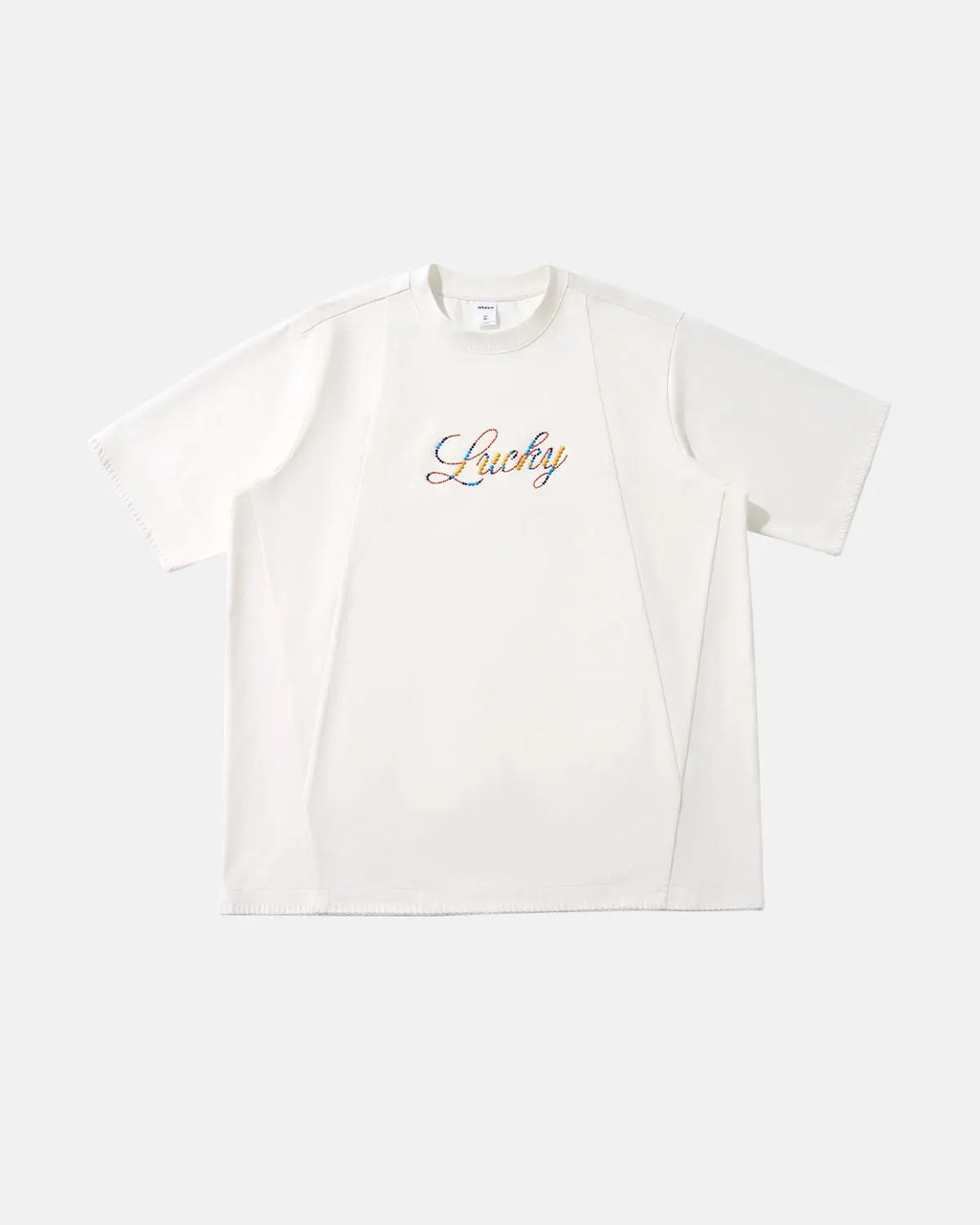 Flation Lucky graphic oversized T-shirt with rhinestone embellishments, streetwear style, featuring bold lucky design on a relaxed fit tee.