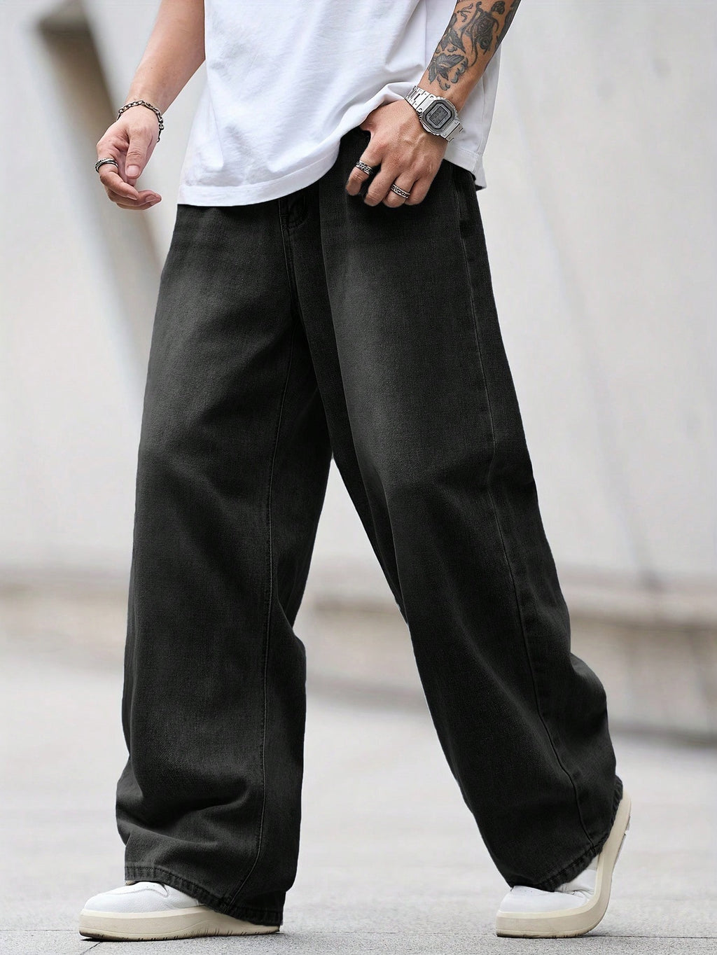 Black Flation street style loose denim jeans with a relaxed fit and classic five-pocket design.
