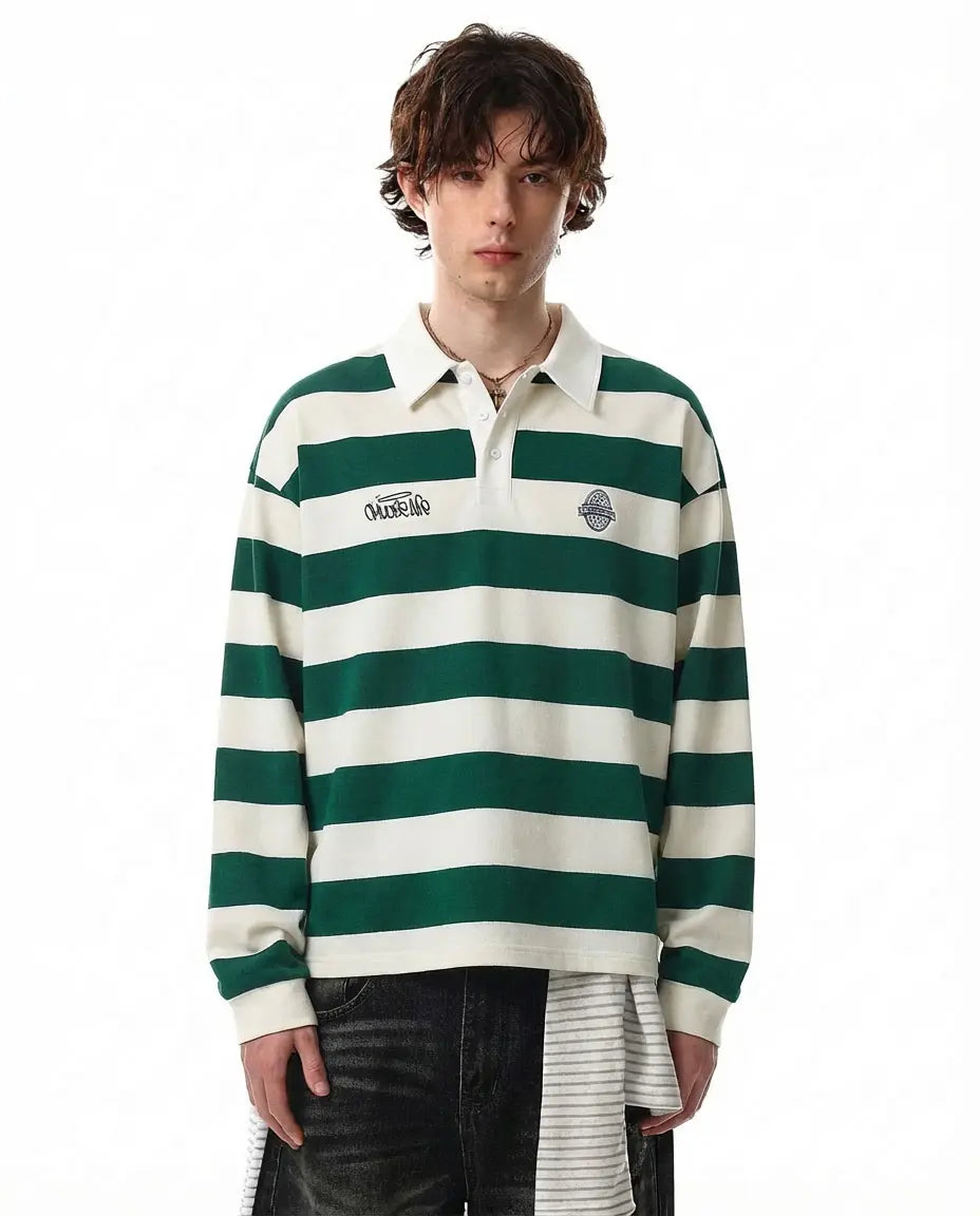 Green Flation Streetwear rugby polo shirt, casual t-shirt with collar and short sleeves, styled for everyday wear.