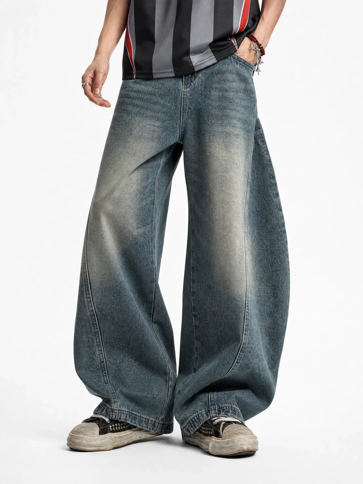 Distressed Supper Baggy Jeans by Flation Streetwear, showing relaxed fit, ripped details, and casual streetwear style.