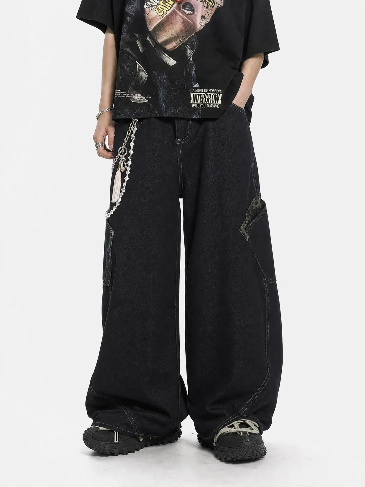 Leopard patchwork barrel jeans by Flation Streetwear featuring a relaxed fit and stylish patchwork design on denim.